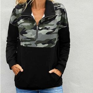 Black Color Block Camouflage 3/4 Zip Pullover Sweatshirt Size XL